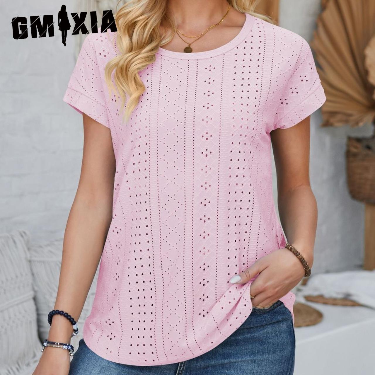 

GMXIA женские модные повседневные летние весенние однотонные кружевные блузки с короткими рукавами и круглым вырезом с принтом и круглым вырезом, свободные блузки и рубашки