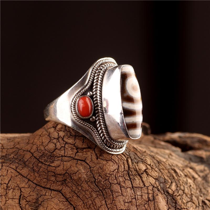 טבעת 1.18" אסוף סין משובץ כסף סטרלינג טהור מעולה חרוזי אלמוג אדום טיאנז'ו דזי