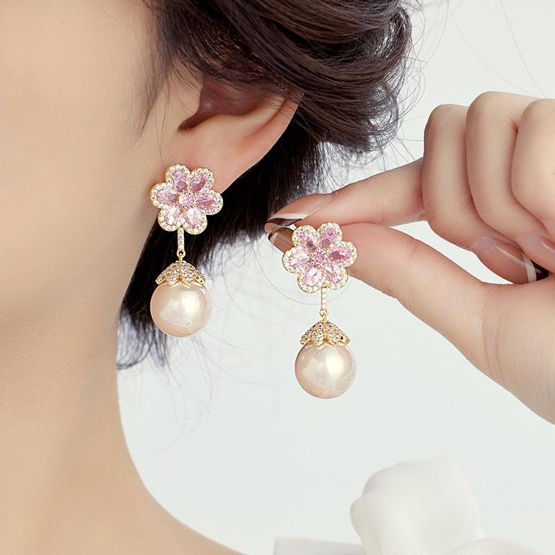 Light Luxury Micro-Inlaid Flower Cherry Blossom Pearl S925 Silver Needle Earrings European And American Micro-Inlaid Zircon Jewelry Factory Wholesale
