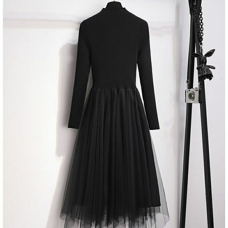 Strikket kjole Dame Vinter Slim Genserkjole Ensfarget Sexy Halvhøy hals Pullover