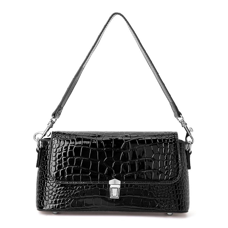 Aidrani Crocodile Pattern Brown Shoulder Bag Retro Flap Handbag with Metal Lock