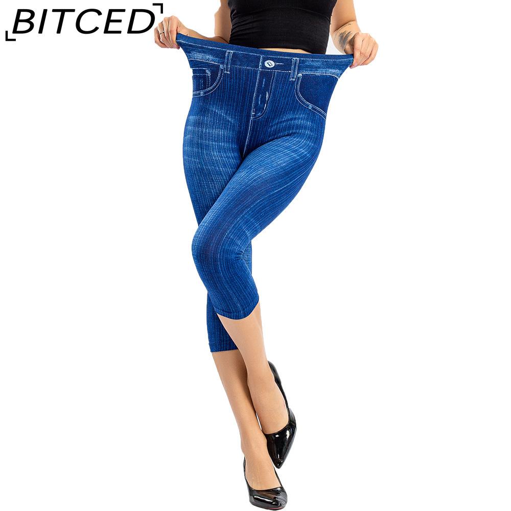 BITCED Women Denim Print Leggings Fashion Slim Leggings Faux Jeans Leggings Short Print Leggings Pants