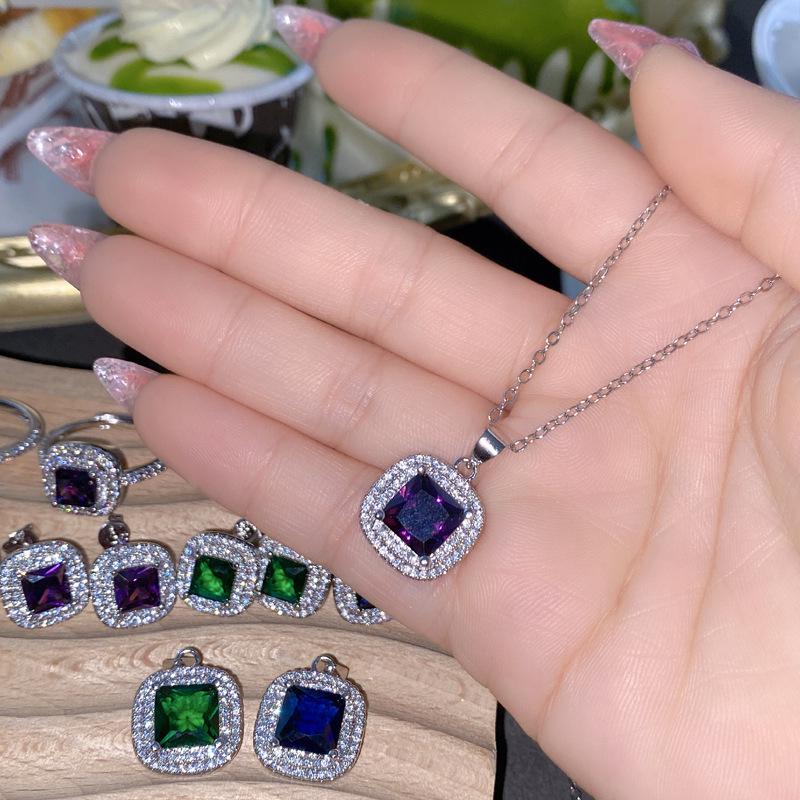 Purple & Pink Gemstone Jewelry Set: Grape Stud Earrings and Asscher Cut Adjustable Ring