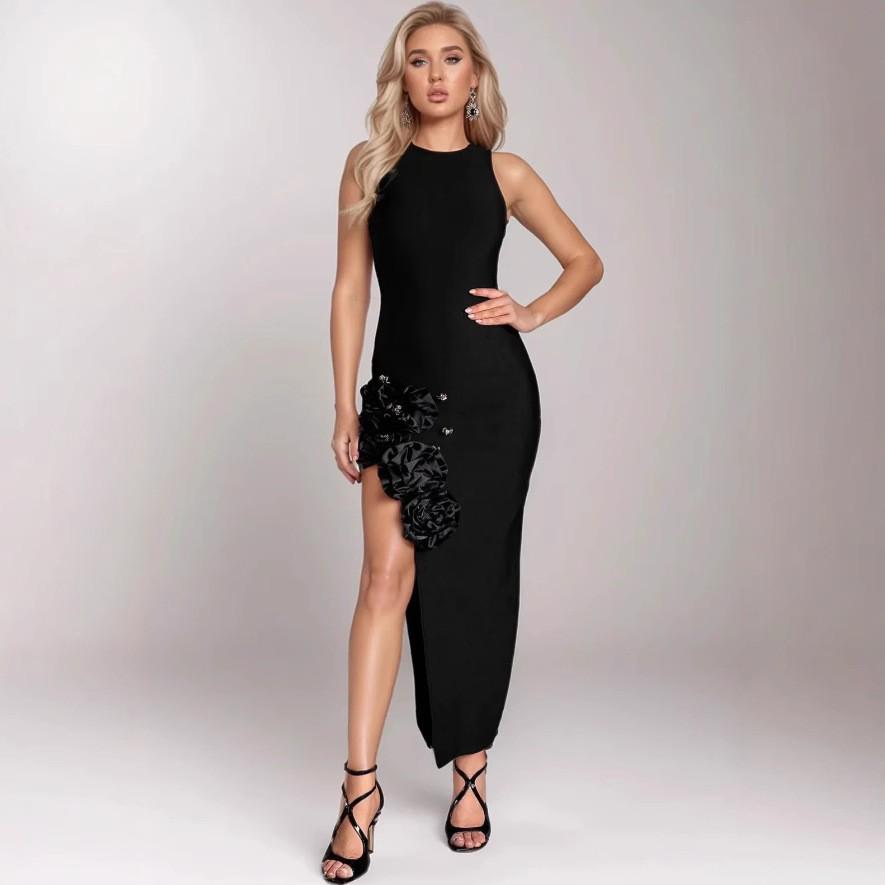 Floral Party Evening Dress with Ruffled Slit
