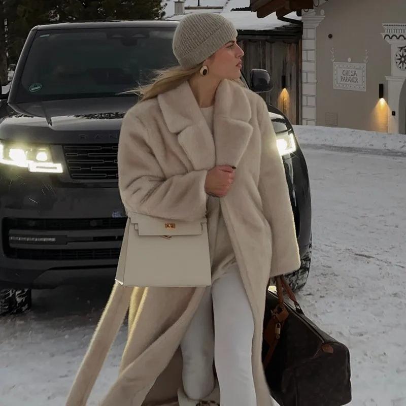 Belted Faux Mink Fur Coat Women Winter Beige Gradient Furry Fur Jacket Luxury Brand Hooded Warm Outerwear Overcoat
