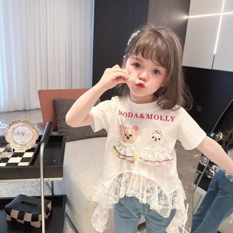 Girls Summer Short Sleeve T Shirt with Cute Puppy Print Lace Trim and Ribbon 90 белый