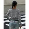 Damen S Gestreiftes Off-Shoulder Langarm Cropped T-Shirt