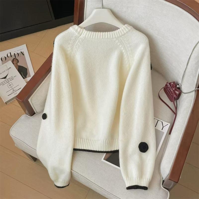 3D Polka Dot Embroidery Women's Knitted Sweater Korean Casual Lady Clothing Autumn Winter Round Neck Long Sleeved Top
