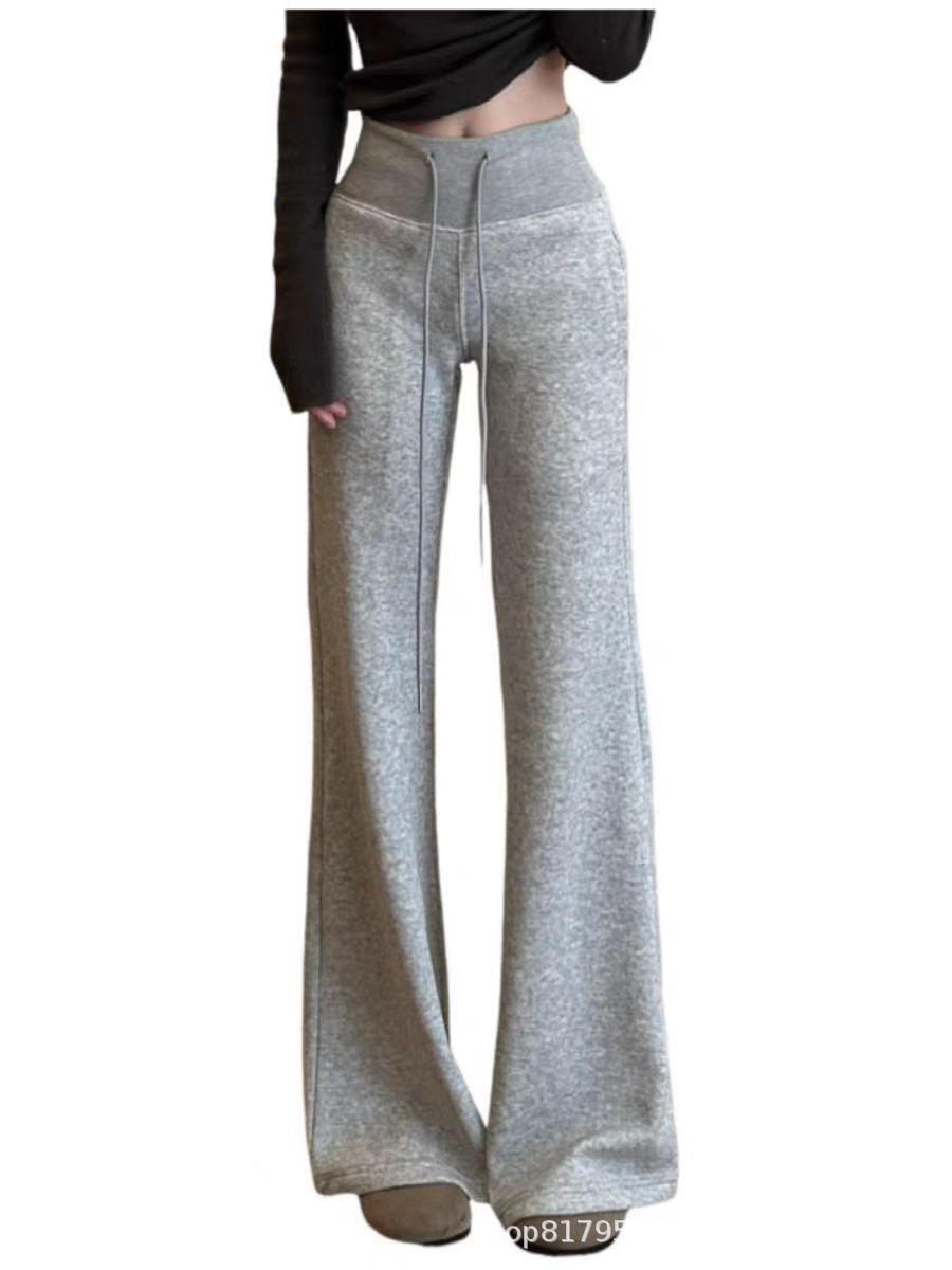 

Батал Размера Корейские Серые Брюки Клеш на Высокой Талии со Шнурком - Стройнящие Широкие Брюки в Пол для Весны. S светло-серый