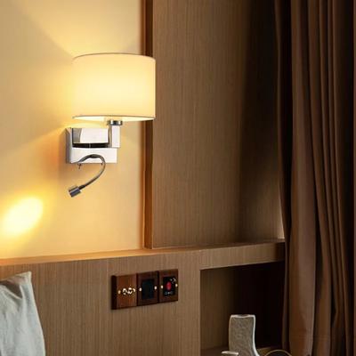 LED-Wandleuchte Runde Stoff-Lampenschirm mit 3W 360° drehbarem Spot Leselicht Moderne Wandleuchte für Schlafzimmer Nachttisch Hotel