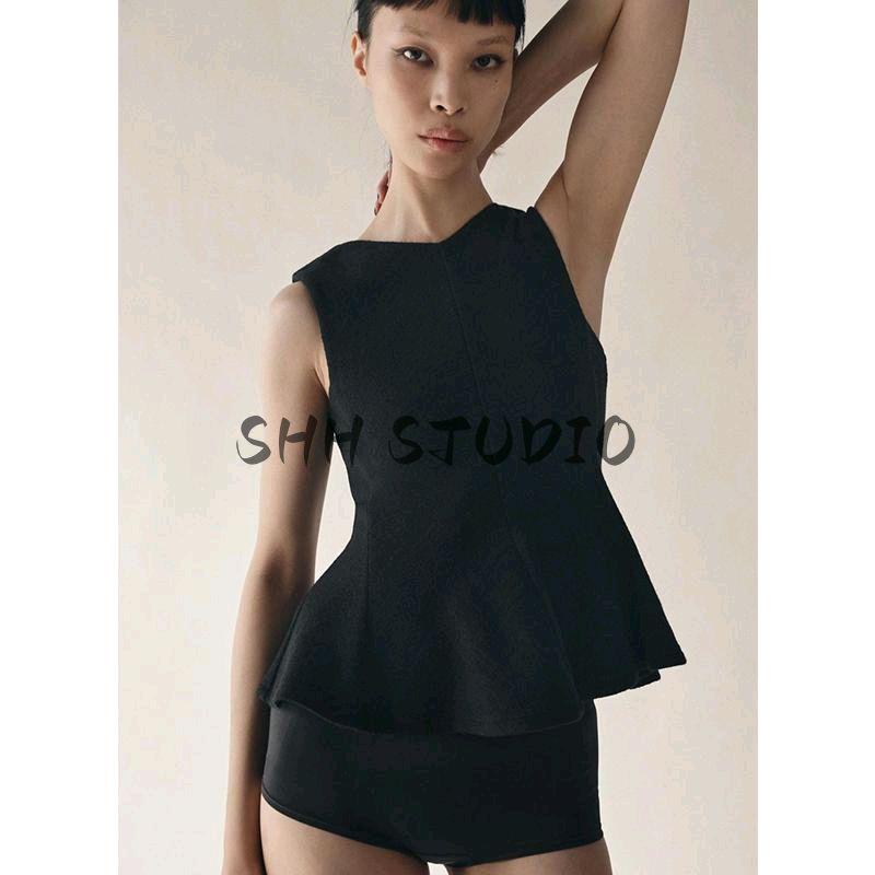 Spring New Women's Clothing Casual Easiest for Match V Neck Sleeveless Hem Short Skirt Texture Tops 1223006