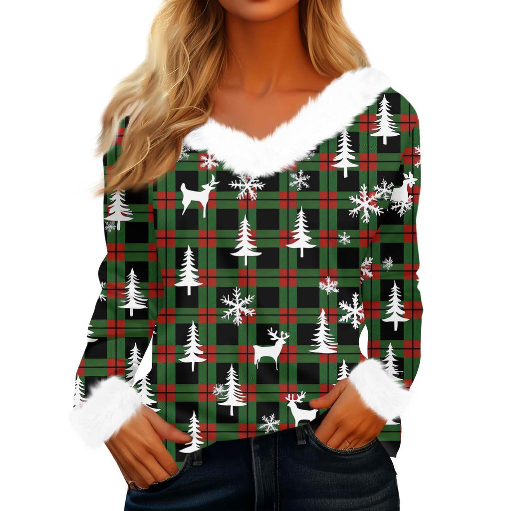 Damski Modny Casualowy Top z Dekoltem V i Świątecznym Nadrukiem z Długim Rękawem