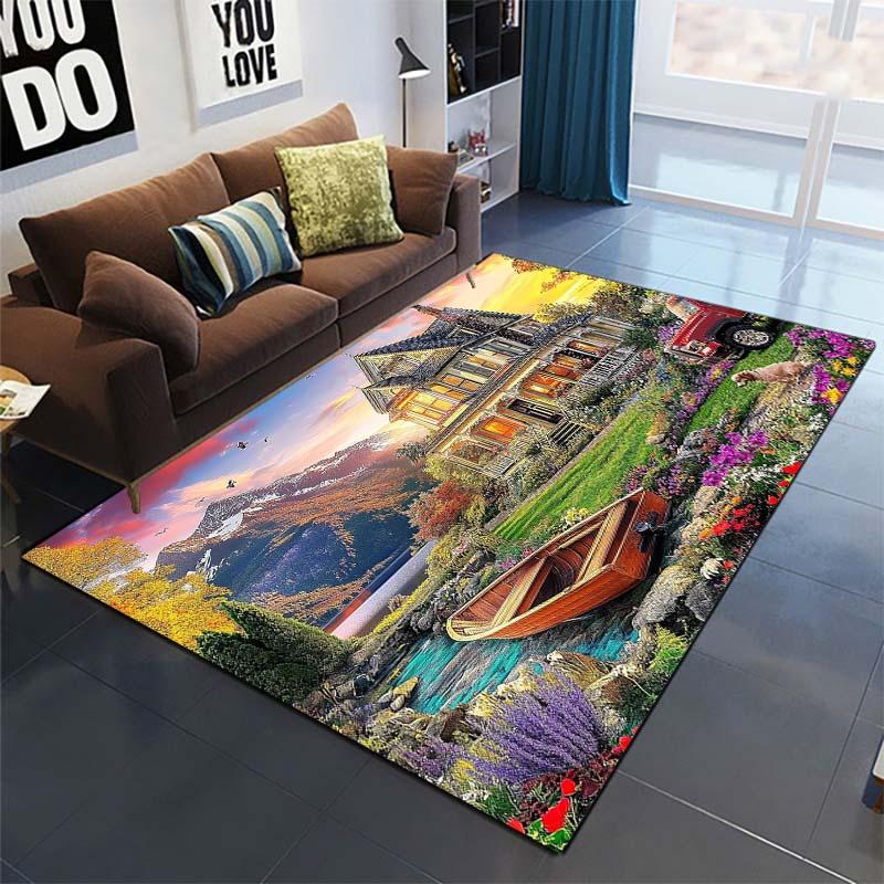 Lake House Flower Garden Area Rug, Scenery Decor Mat