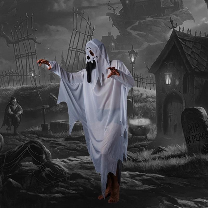 Adult Scary Smiling White Dress with Scary Face, Men Womens Halloween Cloak Cape for Cosplay Photo Props
