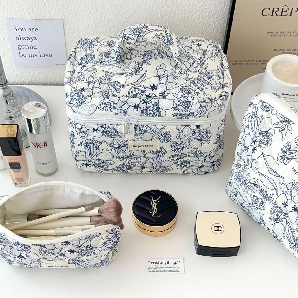 Large Floral Corduroy Makeup Bag for Women - Portable Handheld Skincare Storage