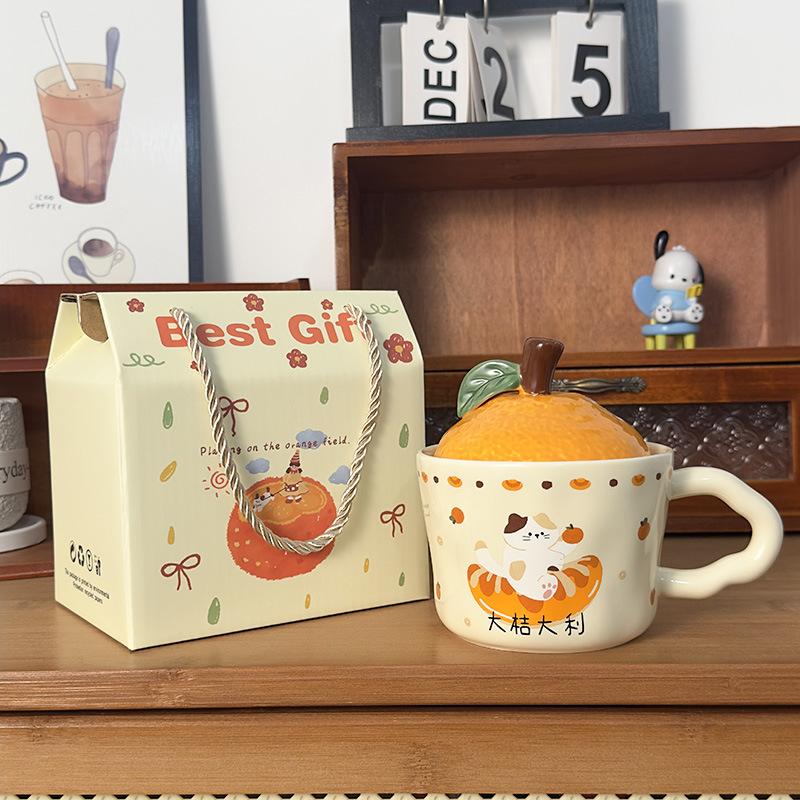 Cute Orange Cat Mug with Lid Creative Good Luck Cup Girls Home Coffee Cup Chinese New Year Gift