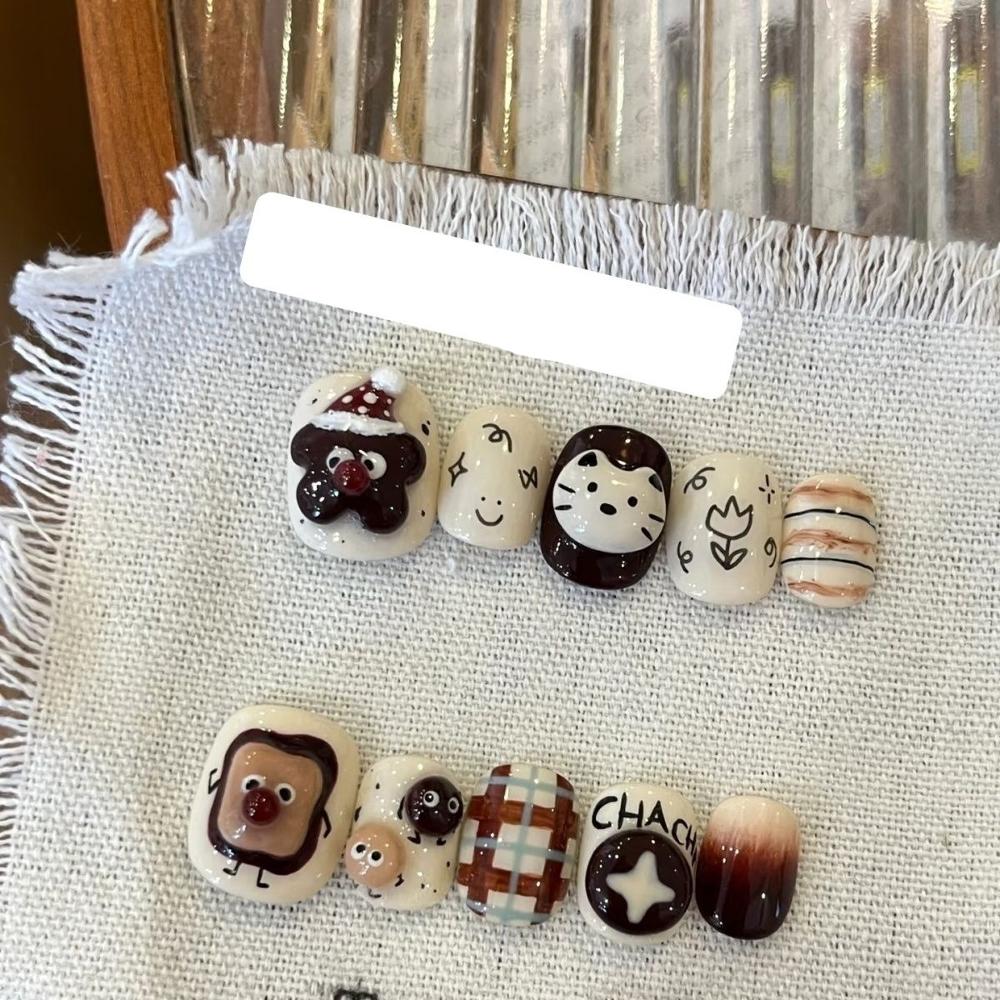 Cartoon Rilakkuma Short Square Round Handmande False Nails Cute Animal Bear Cat Dog Strawberry Bow Press On Nails Christmas Gift