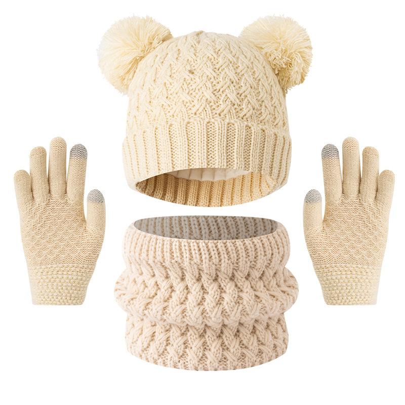 3pc3-12Y Children's Hat, Scarf and Glove Set, Children's Thickened Winter Hat with Snowflake Color Pattern Knitted Cap