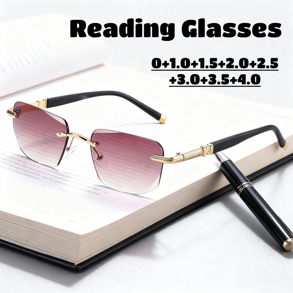 Men's HD Anti-blue Light Reading Sunglasses Fashionable Square Rimless Presbyopia Glasses Women's Fashion Glasses To +3.5+4.0