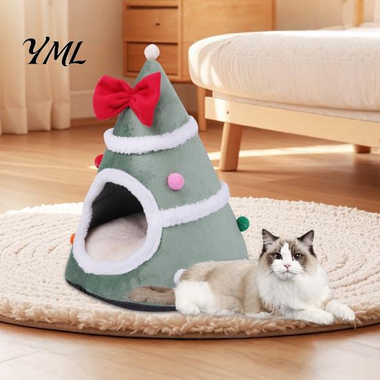Warm Sleeping Bed for Cats Christmas Tree Cat Bed, Plush Cave with Removable Cushion, Non-slip Cute Pet Bottom, Cozy House Indoor Kittens Winter
