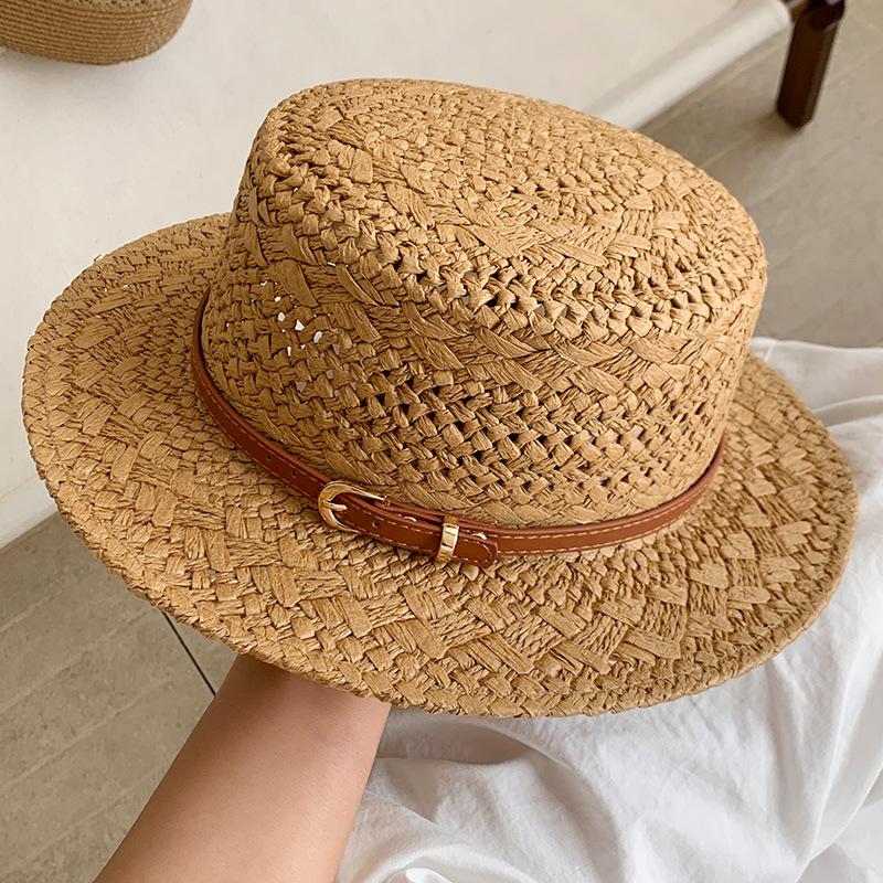 New Summer British Vintage Flat Brim Straw Hat for Women - Hollow Breathable UV Protection Sun Cap,Hand Woven Beach Vacation Hat