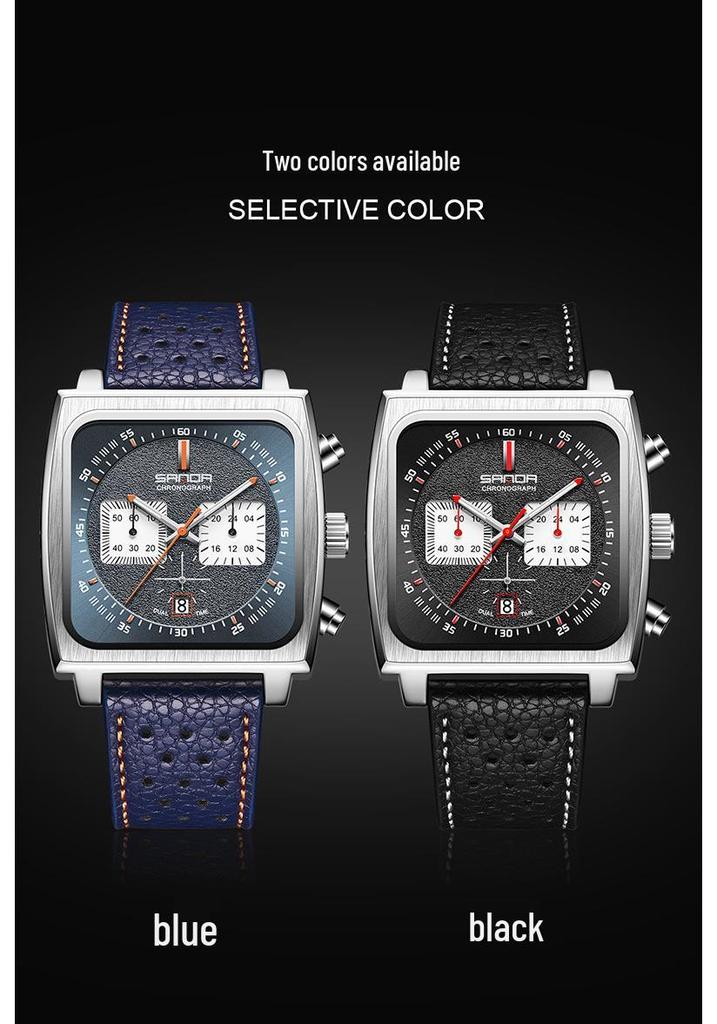 Sanda Men's Chronograph Quartz Watch: Square Dial, Three Eyes, Six Hands, Luminous, Calendar, Waterproof.