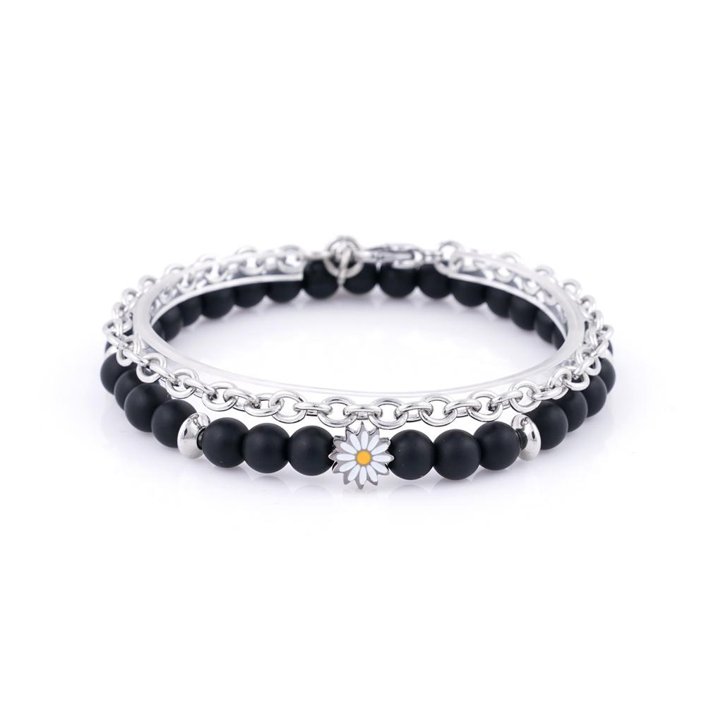 Jbans Classic 4 Surgical Steel Ring Chain 909 Silver Daisy Pendant 913 Bracelet Set (C2201-Se259_Bk)