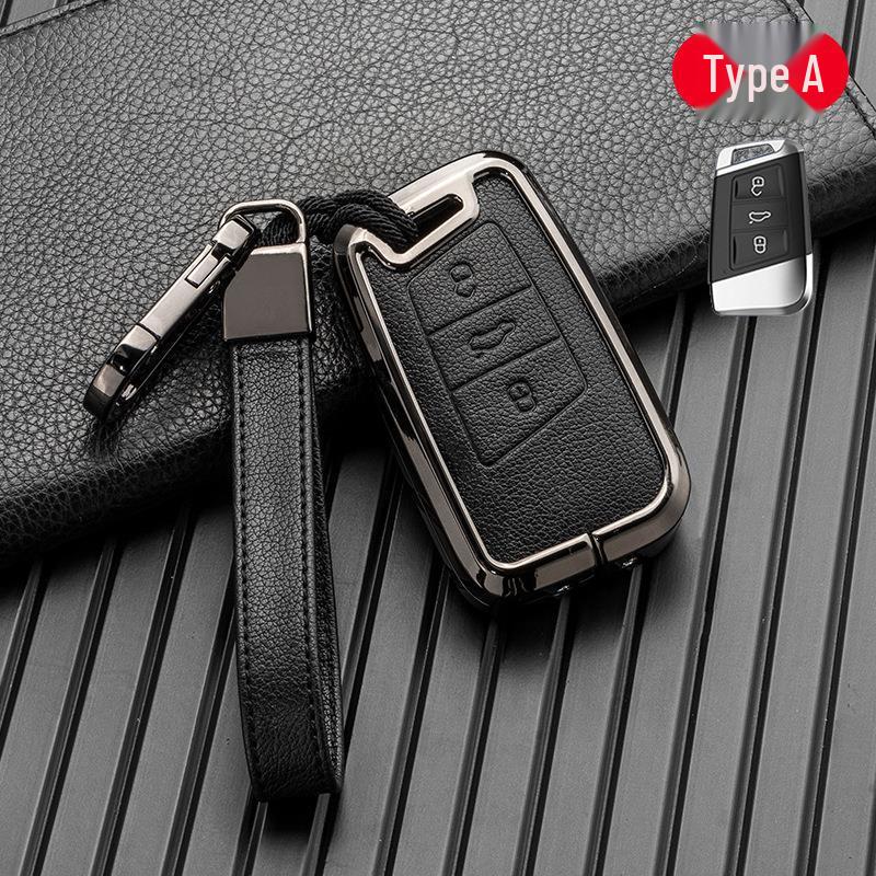 Volkswagen/Skoda Double-Sided Leather Zinc Alloy Car Key Case - Non-Signal Blocking, Full-Wrap Design