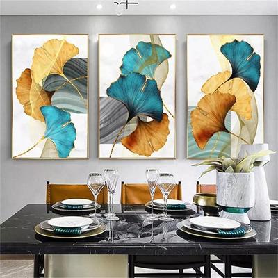 Quadro moderno soggiorno decorazione blu verde giallo oro pianta foglia astratta nordica stampa su tela pittura murale