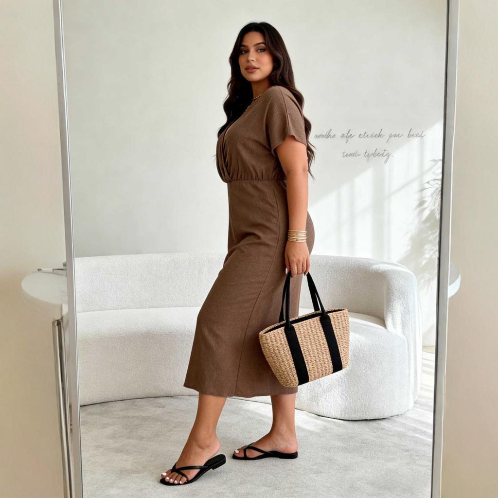 Large size women's clothing summer deep V-neck bat sleeves waist and thin temperament coffee break long dress