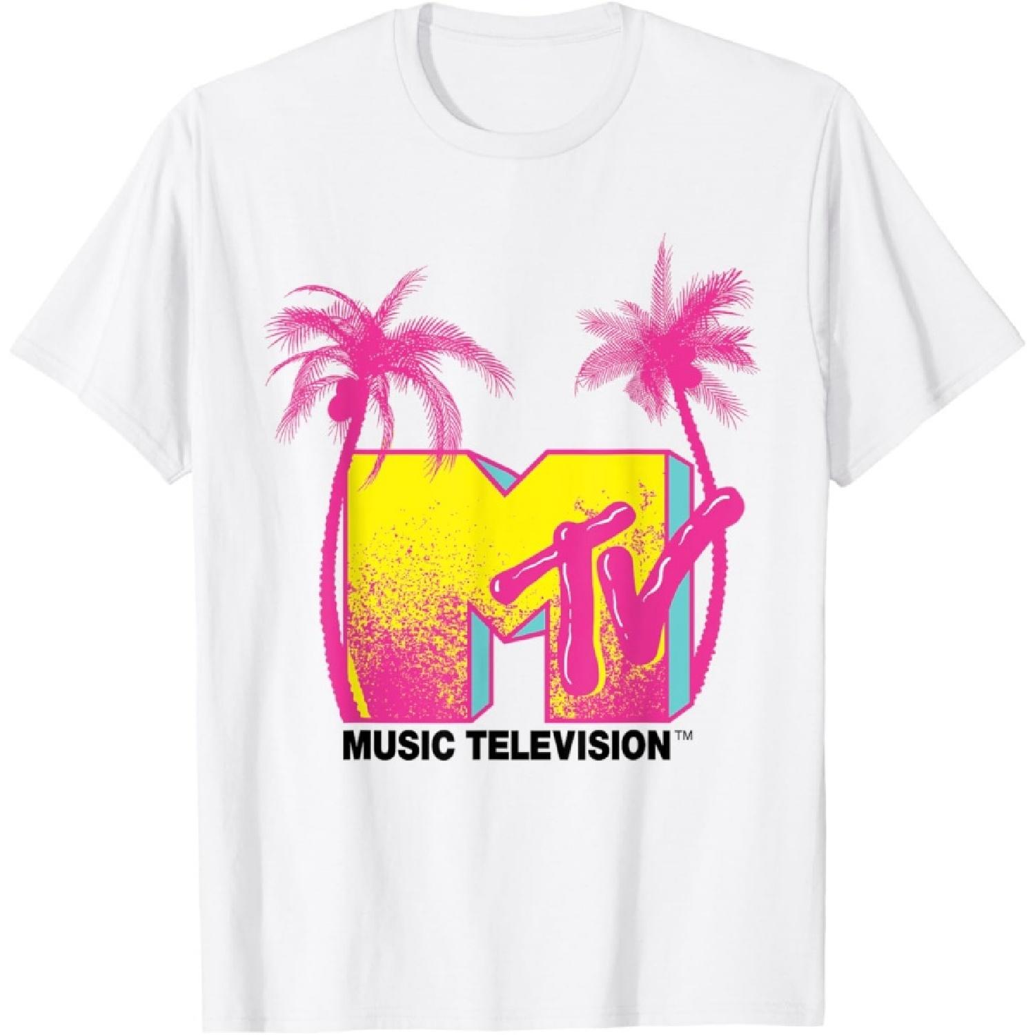 Классический логотип MTV Розовые кокосовые пальмы Футболки Футболка S белый
