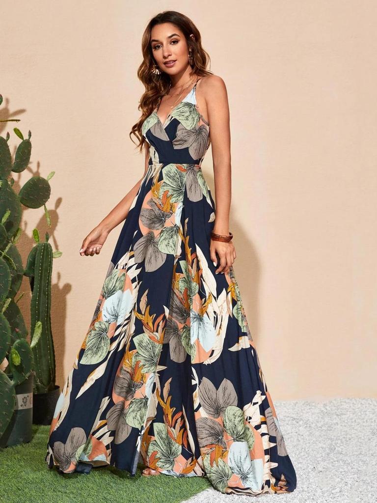 Tropical Print High Slit Strap Dress - European & American Style