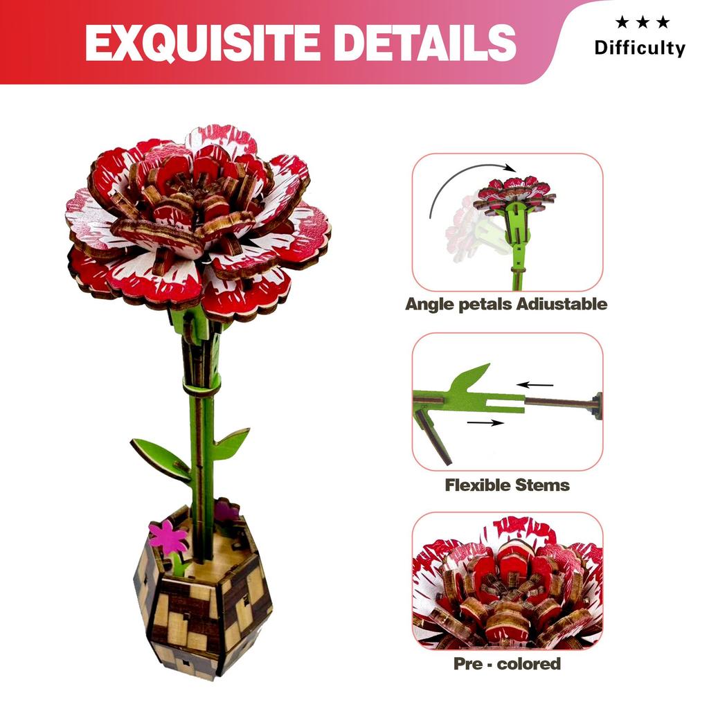 Wacocetoy Cross-Border 3D Carnation Puzzle Wooden Diy Coloring Toy 2-In-1 Set Three-Dimensional Puzzle