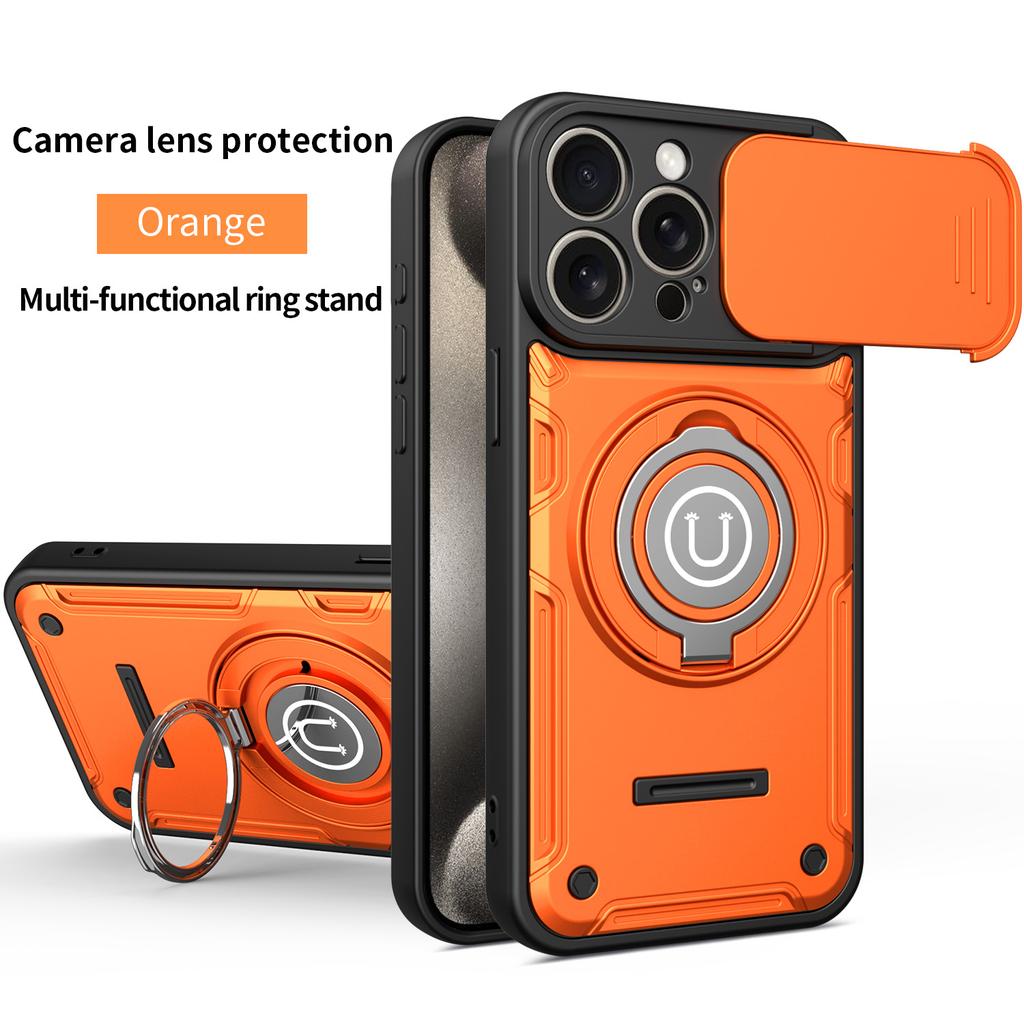 Anti-slip Armor Shockproof Case For iPhone 17 16 15 Pro Max Slide Camera Lens Protection Ring Stand TPU Plastic Phone Cover