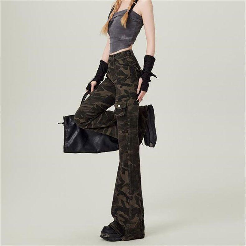 Vintage Camouflage Work Micro Flare Jeans Women Design High Waisted Trousers Slim Drapey Dragging Trousers Jeans for Women Long Denim Pants