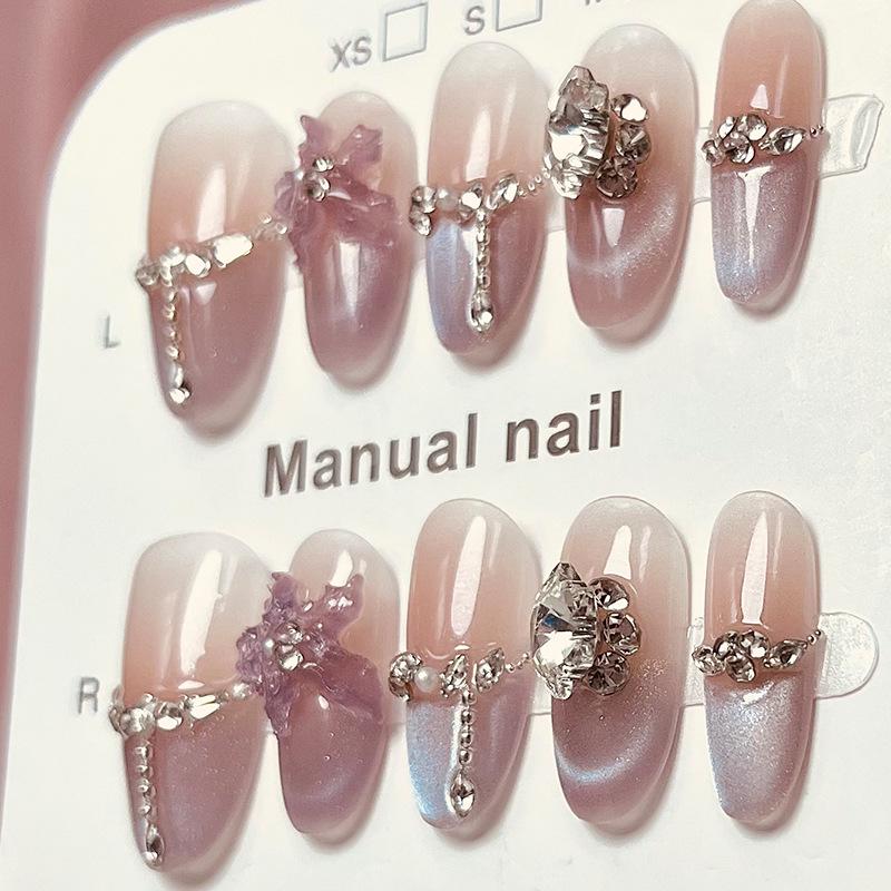 Exquisite Purple Amethyst Heart Press-On Nails: Bright Purple Cat Eye French Style with Rhinestones and Ice Flower Design Small