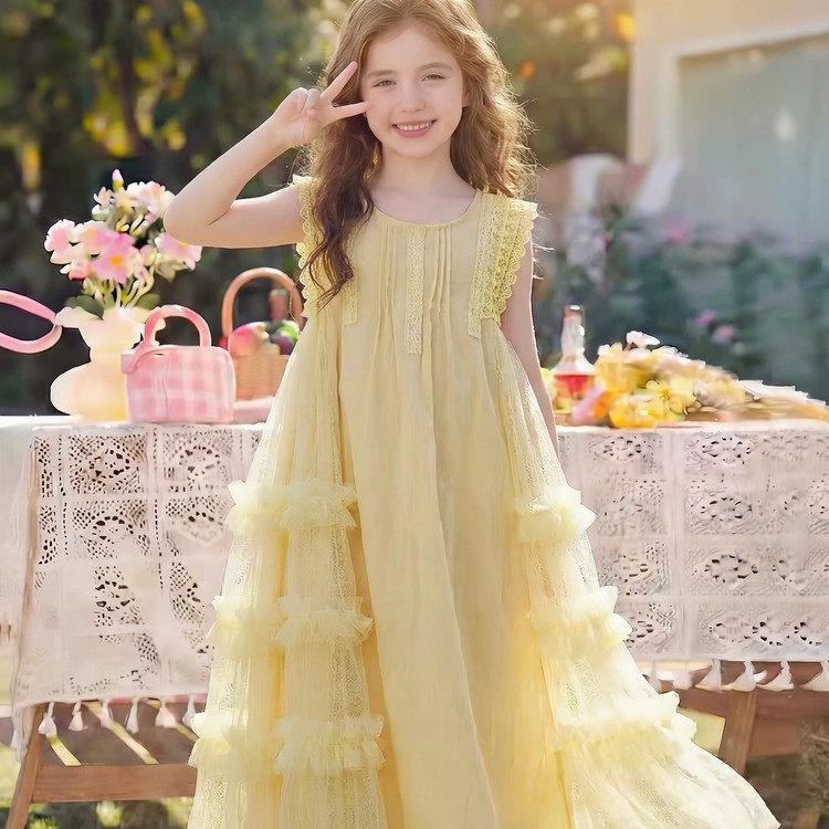 2026 Girls Yellow Sleeveless Summer Princess Dress - Sweet & Stylish Mesh Mid-Length Skirt 170 cm