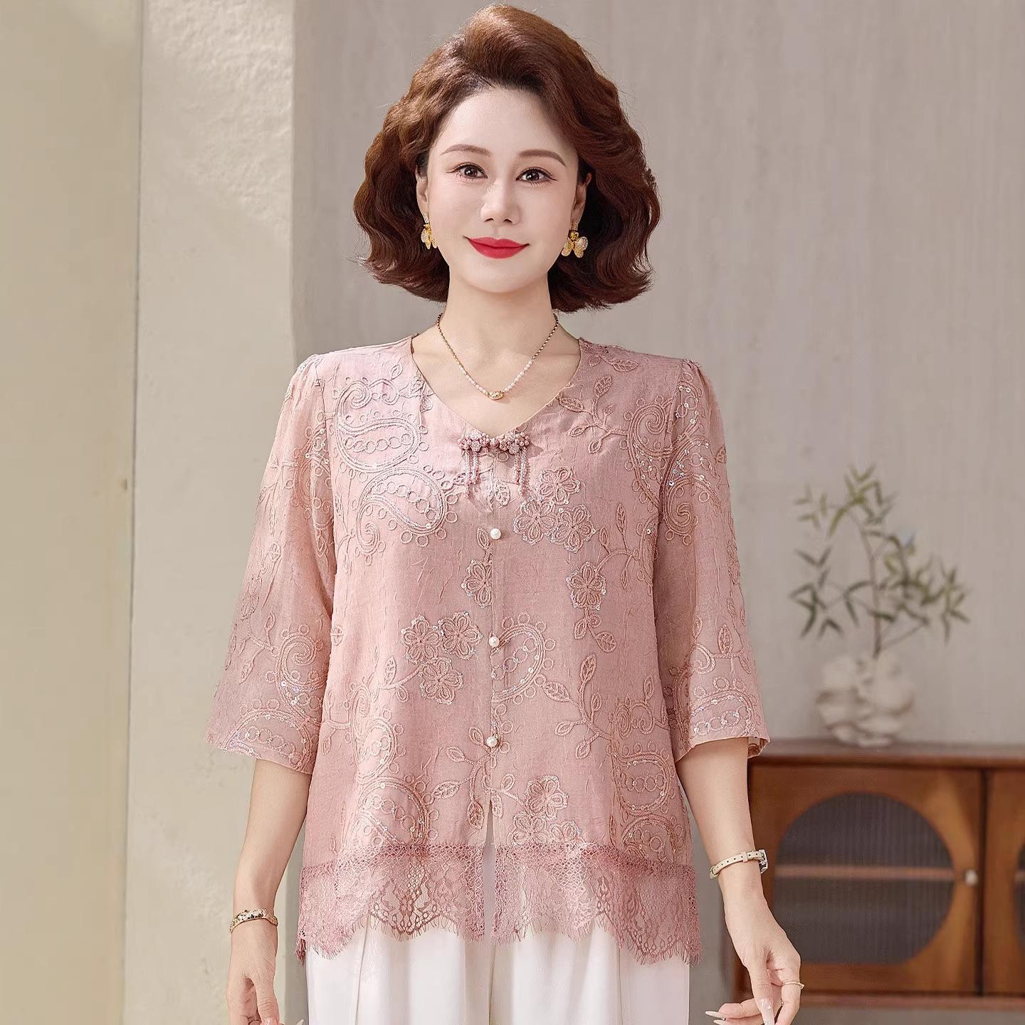 

New Summer Chiffon Blouse Set for Middle-Aged and Elderly Women – Perfect Mother s Day Gift 4XL (135-150 jin)