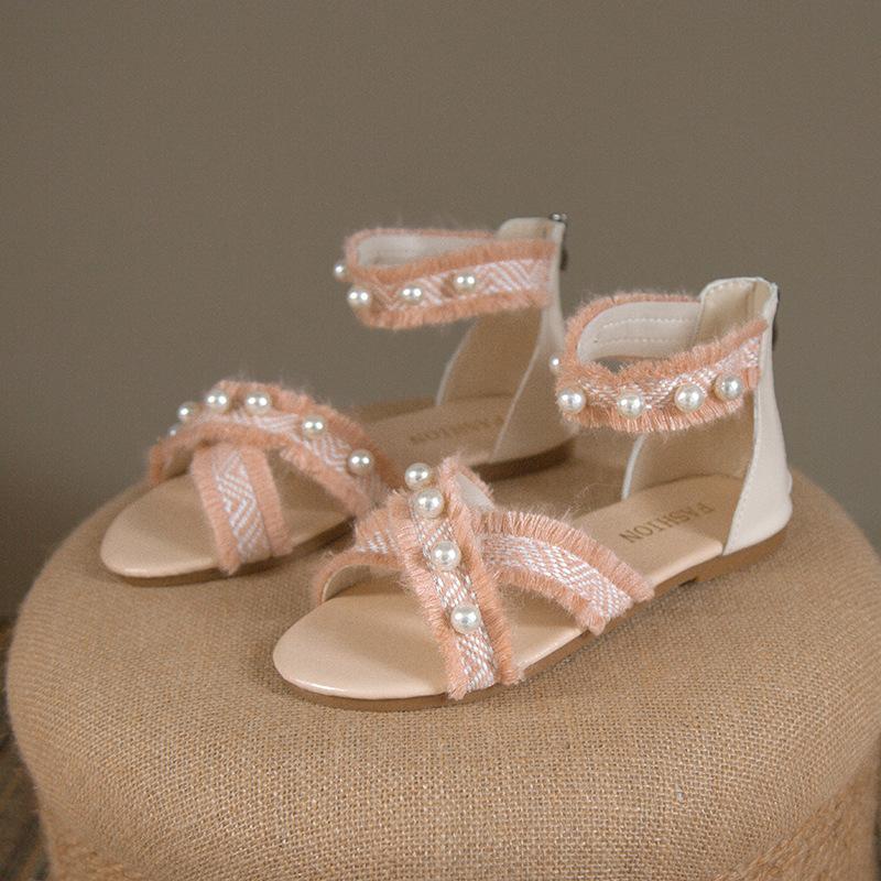 Pearl Flat Sandals for Women 2024 New Back Zipper Cross Casual Outwear Fish Mouth Sandals