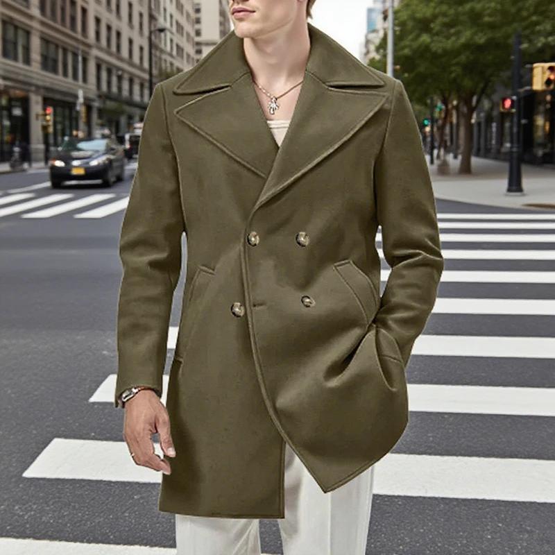 England Style Men's Double-Breasted Coats Autumn Woolen Outerwear Men Vintage Solid Color Turn-Down Collar Long Jacket