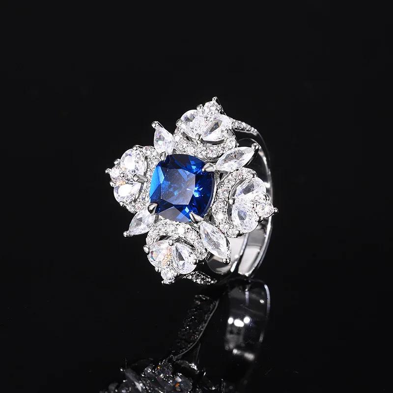 Elegant Crystal Embellished Flower Ring and Necklace with Adjustable Ring Size for Women Available In Blue Green Red Colors