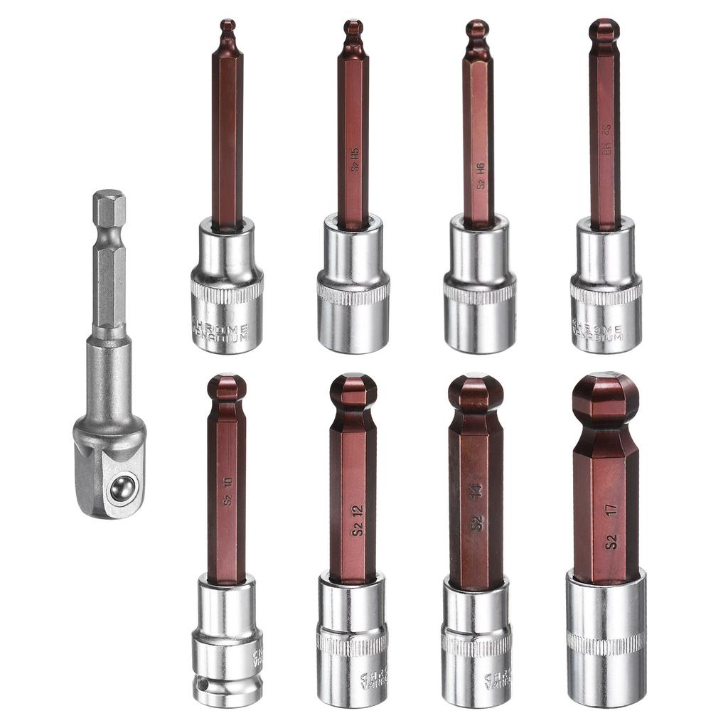 9pcs Ball End Hex Bit Socket 1/2" Square Drive Metric Extension Impact Bit Power Nut Driver Set S2 Socket 4/5/6/8/10/12/14/17mm