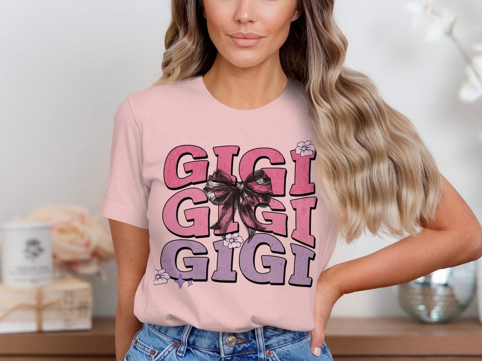 Gigi T-Shirt, Distressed Floral Bow| Bella 3001 S