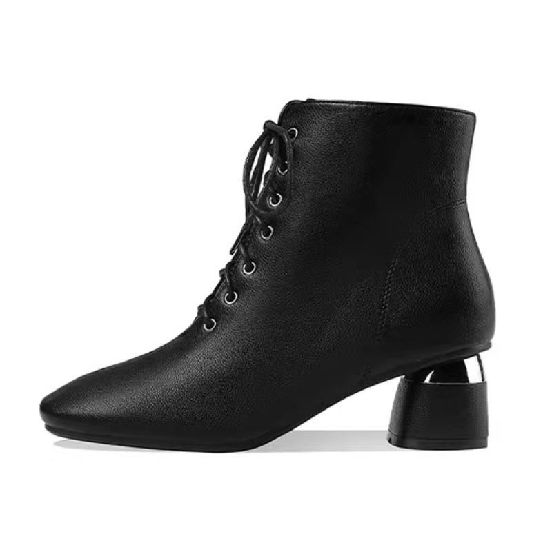 Ji Thick Heel Short Boots Women'S Head Lace-Up Leather Shoes Medium Heel Retro Black Boots