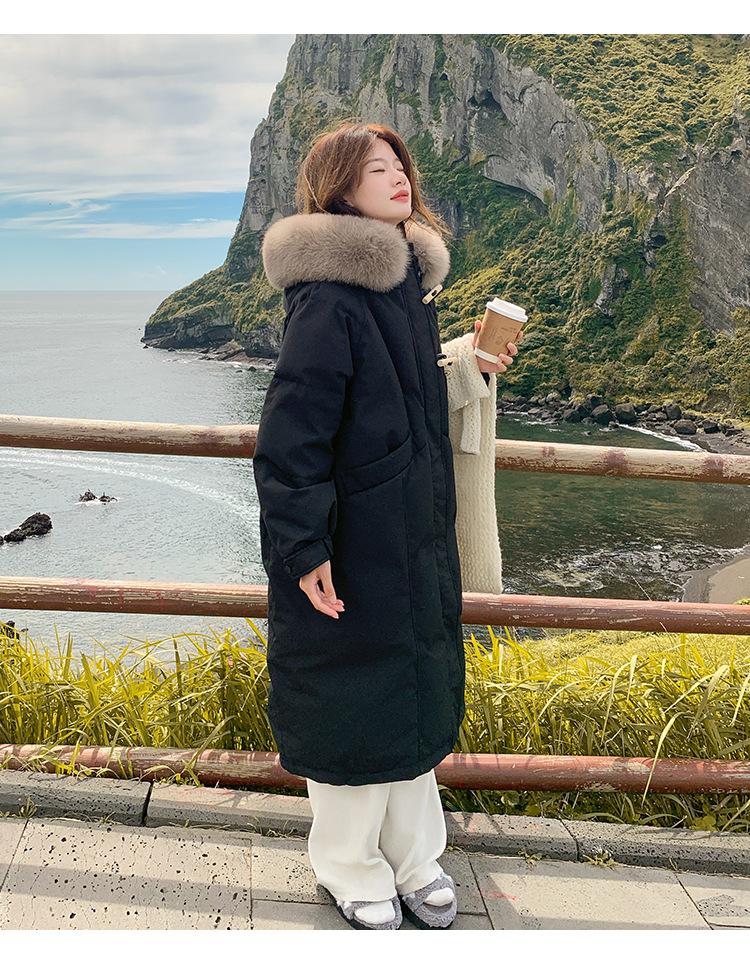 Autumn and Winter Women's Large Size Coat Hooded Fur Collar Horn Buckle Loose Casual Thickened Windproof Women's Jacket