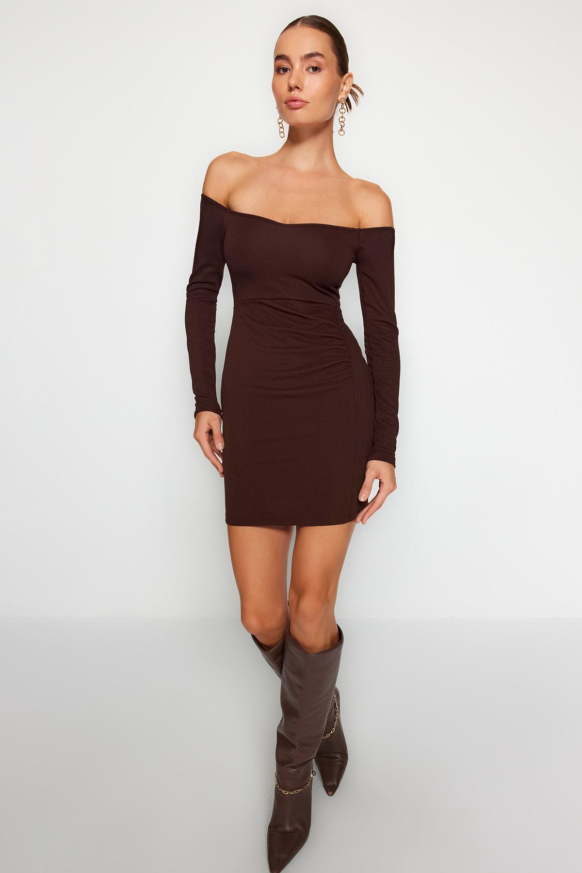 

Женское платье, новый сезон, модное коричневое оттоманское платье со сборками, гибкое трикотажное платье с мини-разрезом