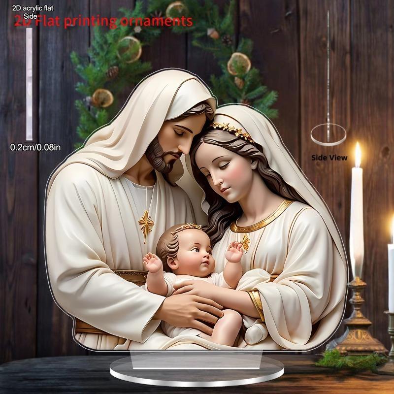 2D Flat Religious ThemesAcrylic Tabletop Decoration, Joseph, Mary, and Jesus Family, Suitable for wall decoration, porch, room, villa, accents Home, H