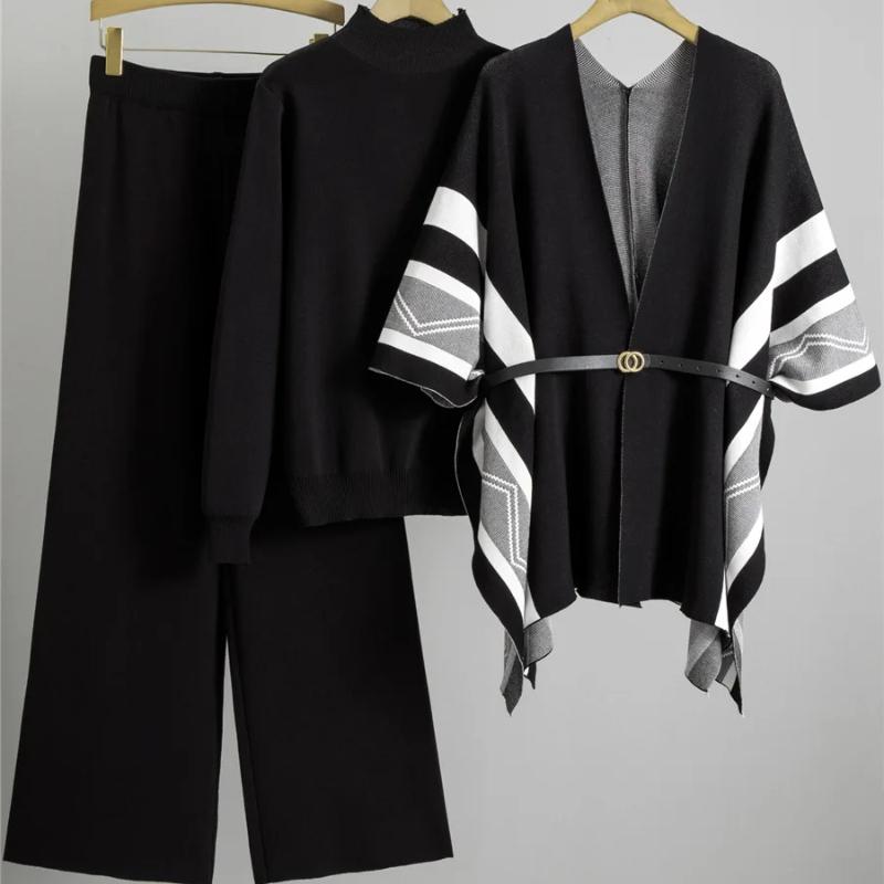 Autumn and Winter Elegant Knitted 3 Piece Sets Women Sweater Pullover+chic Design Shawl Tops Conjuntos High Waist Wide Leg Pants Outfit