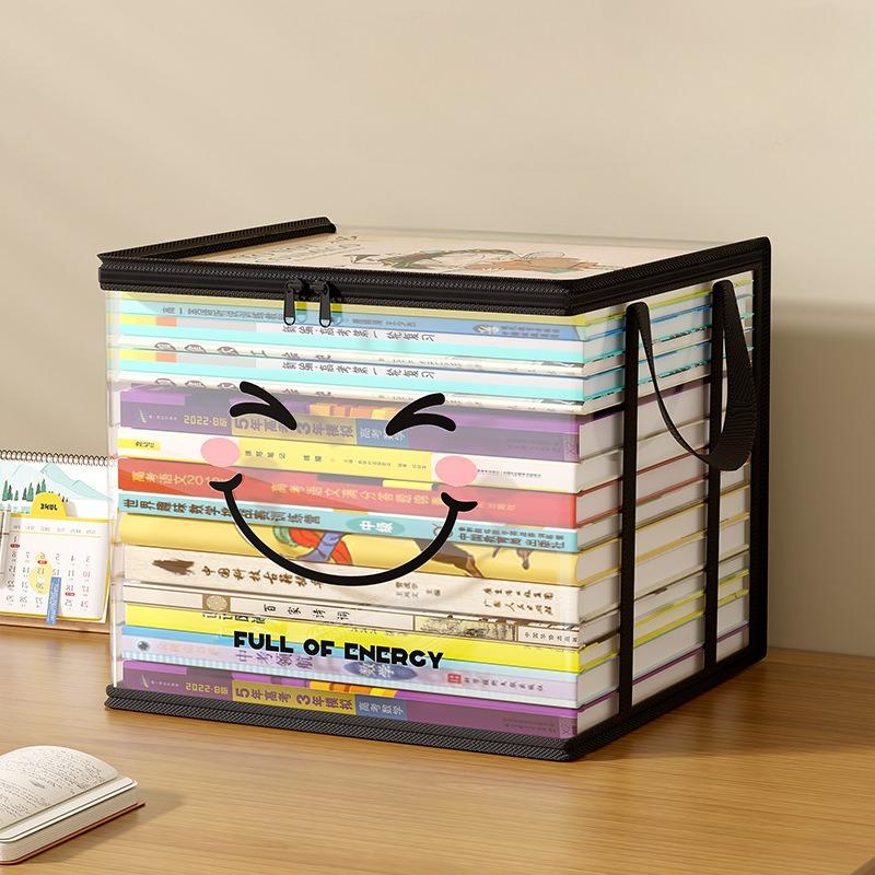 Cute Smile Print Transparent Storage Bin Foldable Waterproof Organizer with Zipper and Handle for Books Toys Clothes