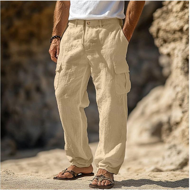 Men's linen trousers spring summer autumn trousers multi-pocket straight comfortable breathable full length outdoor daily